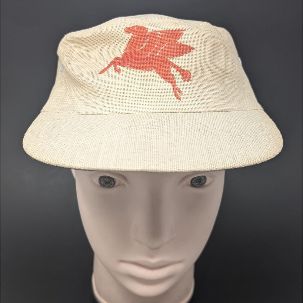 VTG Pegasus Mobil Oil Hat Burlap Mechanic Service Gas Station Cap Made In Japan